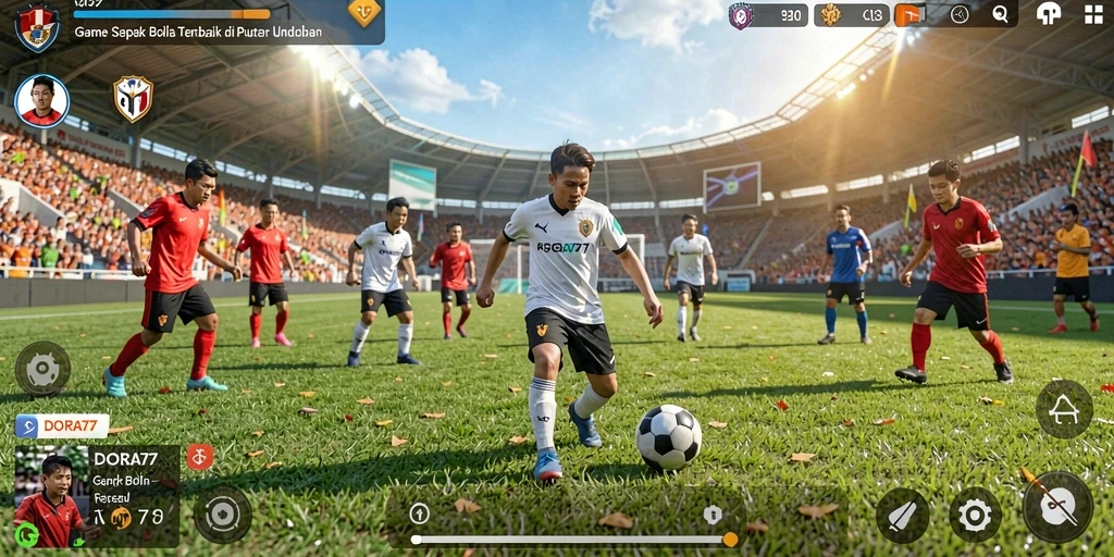Screenshot gameplay DORA77 menampilkan aksi sepak bola yang mendebarkan.