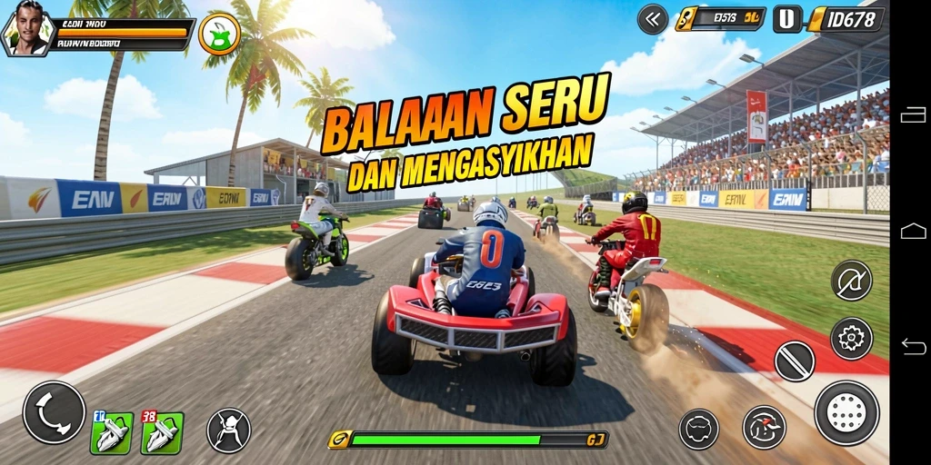 Tangkapan layar gameplay <strong>ID678</strong> menampilkan aksi balapan yang mendebarkan.
