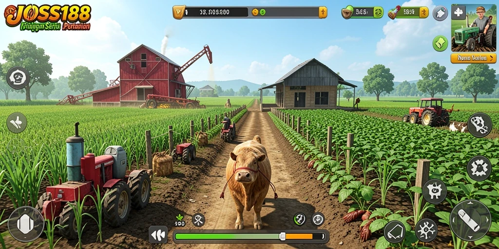 Tampilan gameplay JOSS188 yang menawan dengan pertanian yang subur.
