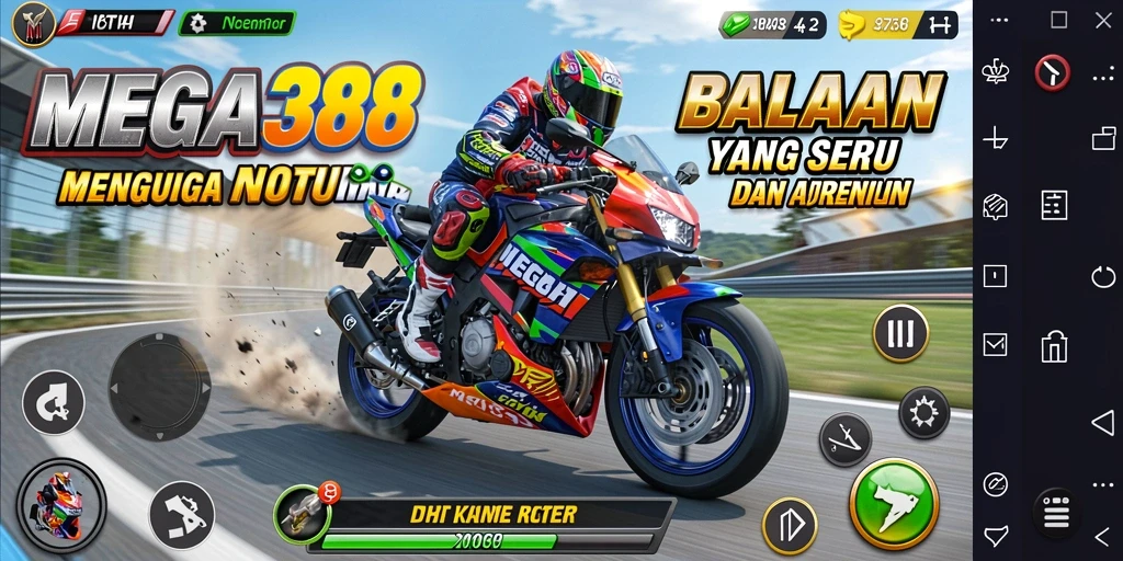 Tampilan permainan balapan motor yang mendebarkan di MEGA388.