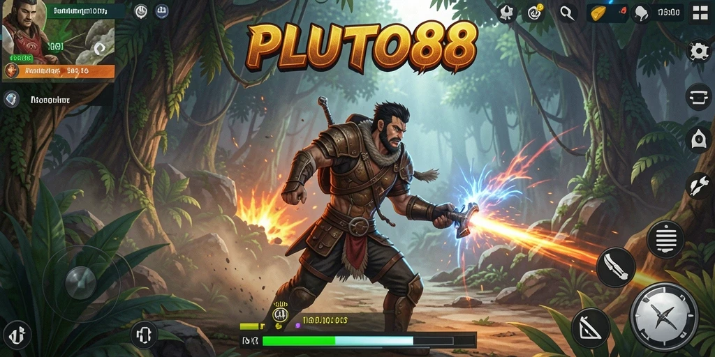 Tampilan menegangkan dari gameplay PLUTO88 saat karakter bertarung dengan musuh.
