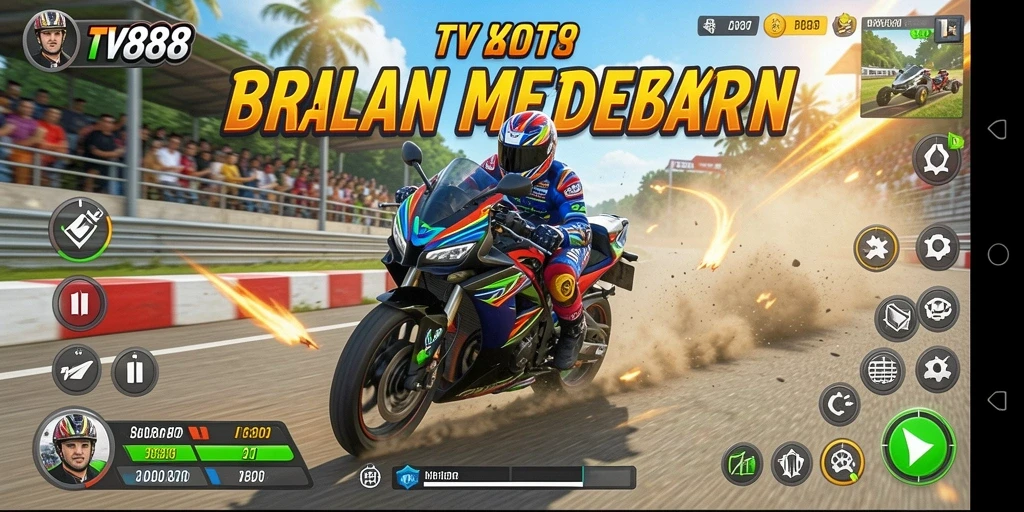 Screenshot gameplay menampilkan aksi balapan motor yang mendebarkan.