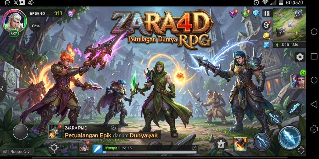 Screenshot gameplay ZARA4D menunjukkan pertempuran epik di dunia RPG.