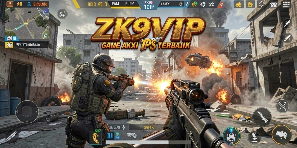 Screenshot ZK9VIP menampilkan aksi pertempuran TPS yang mendebarkan.